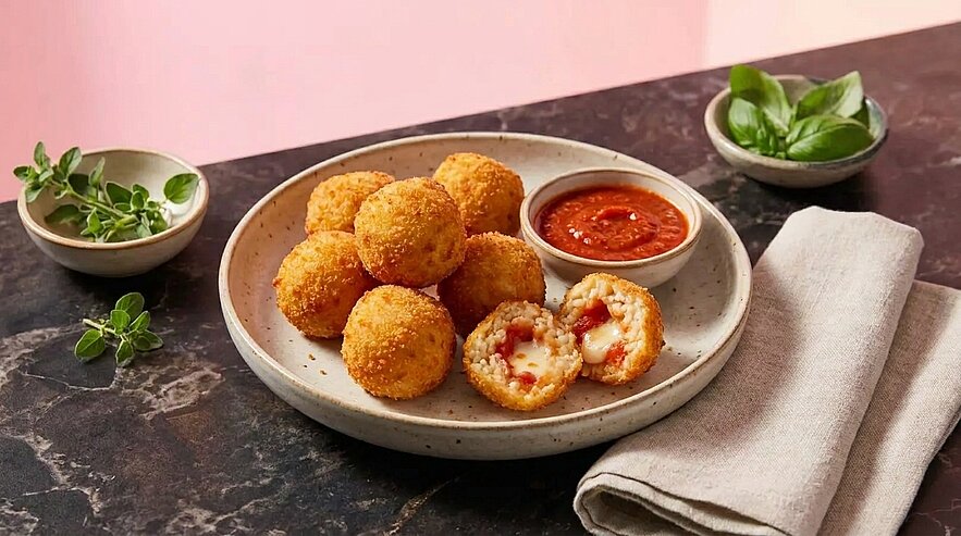 Teller mit goldbraunen, frittierten Reisbällchen (Arancini), eines halb aufgeschnitten, zeigt geschmolzenen Käse und Tomatenfüllung; kleines Schälchen mit Tomatensauce daneben.