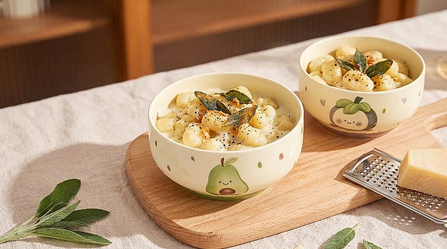 Zwei Schalen mit Gnocchi in cremiger Sauce, garniert mit gebratenen Salbeiblättern und schwarzem Pfeffer, auf einem Holzbrett neben einem Stück Parmesan und einer Reibe.