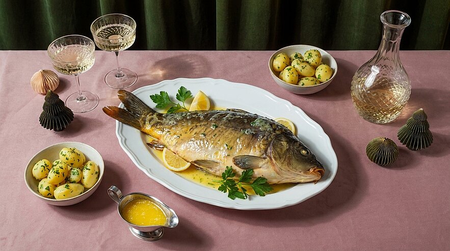 Ganzer gebratener Fisch auf weißer Platte, garniert mit Zitronenscheiben und Petersilie; dazu kleine Petersilienkartoffeln in Schälchen und Bratensauce auf gedecktem Tisch mit Gläsern und Karaffe.