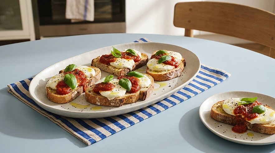 Vier geröstete Brotscheiben auf einem Teller, belegt mit geschmolzenem Mozzarella, Tomaten, frischen Basilikumblättern und Olivenöl; eine zusätzliche belegte Scheibe auf einem kleinen Teller.