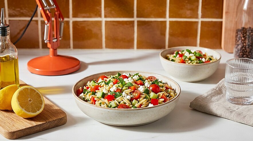 Zwei Schalen mit mediterranem Orzo-Nudelsalat mit Kirschtomaten, Gurke, Feta und frischen Kräutern, auf einer Küchenarbeitsfläche angerichtet.