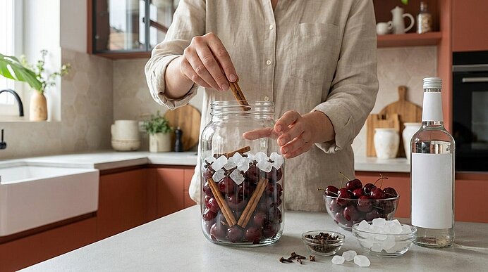 Hände stecken Zimtstangen in ein großes Glas, das mit Kirschen und Kandiszucker gefüllt ist, zur Zubereitung von eingelegten Kirschen oder Kirschlikör.