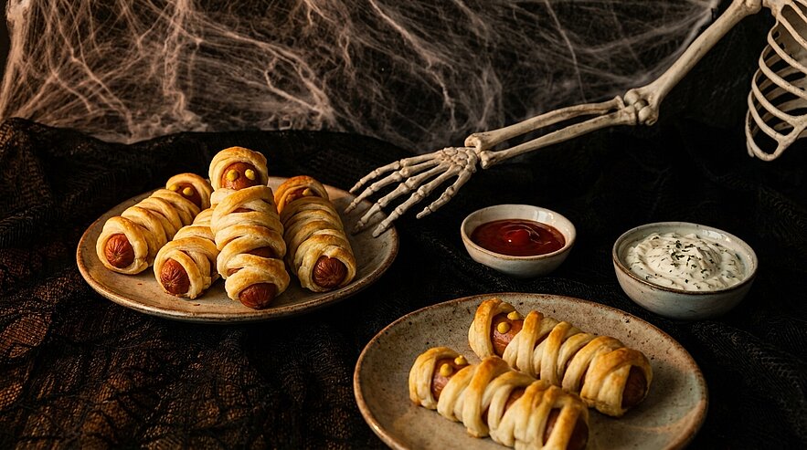 Mehrere als Mumien verkleidete Würstchen im goldbraun gebackenen Blätterteig auf Tellern, dazu zwei Schälchen mit Ketchup und Kräuter-Dip als Halloween-Snack.