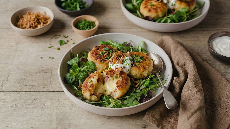 Auf dem Bild sehen wir goldbraun gebratene Kartoffelküchlein, die auf einem Bett aus frischem Salat serviert sind. Die Küchlein sind aufgeschlitzt, sodass geschmolzener Käse sichtbar wird. Darüber ist ein Klecks Sauerrahm und frisch gehackter Schnittlauch. Im Hintergrund sind zusätzliche Beilagen zu sehen.