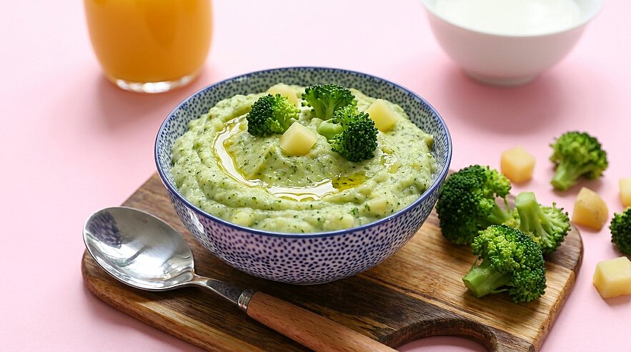 Schale mit cremigem Brokkoli‑Kartoffel‑Püree, garniert mit Brokkoliröschen und Olivenöl, auf einem Holzbrett neben einem Löffel.