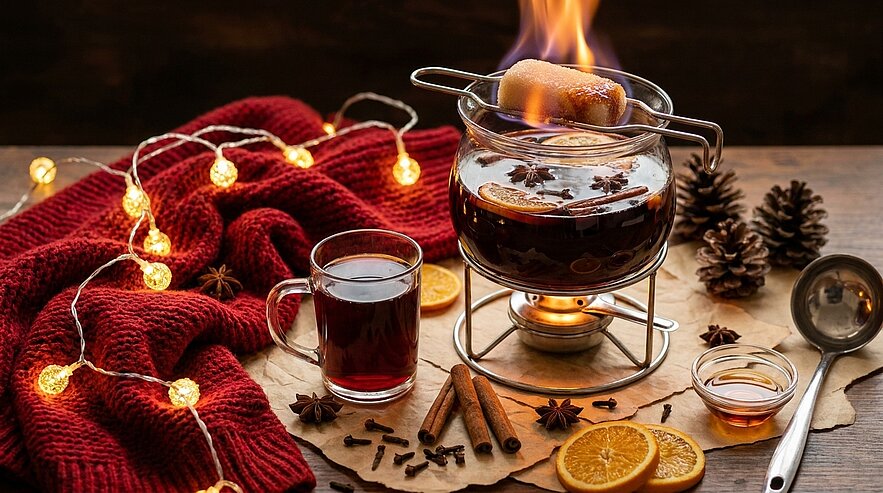 Gemütliche Winterszene: ein Glas und eine Kanne mit Glühwein auf einem Stövchen, umgeben von Zimtstangen, Sternanis, Nelken, Orangenscheiben und Honig, vor einer roten Strickdecke mit Lichterkette.