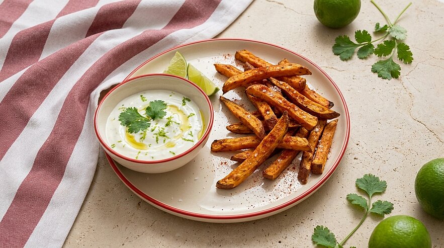 Auf einem Teller: knusprige Süßkartoffel-Pommes mit Limettenspalten und einer kleinen Schale cremigen Dips, garniert mit frischem Koriander.