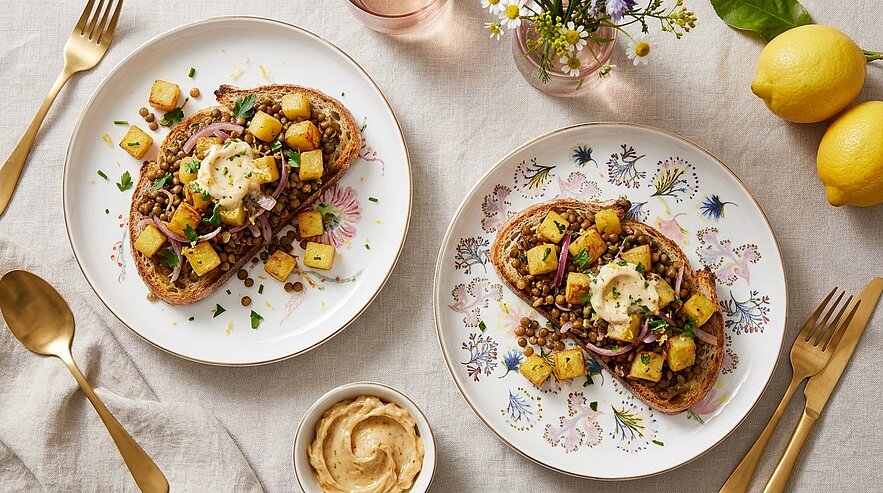Zwei Teller mit geröstetem Brot belegt mit Linsengemüse, gewürfelten Kartoffeln, roten Zwiebeln und einem Klecks cremiger Sauce, garniert mit Kräutern.
