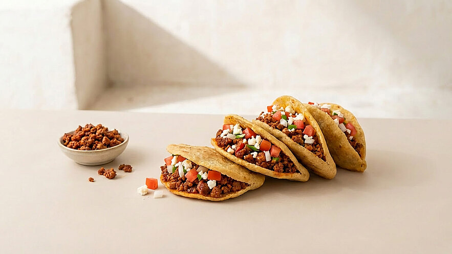 Eine Reihe von vier Tacos liegt auf einer beige Oberfläche. Die Tacos sind gefüllt mit gewürztem Hackfleisch, gewürfelten Tomaten, Zwiebeln und Käse. Neben den Tacos befindet sich eine Schüssel mit zusätzlichen Bröseln von Hackfleisch.