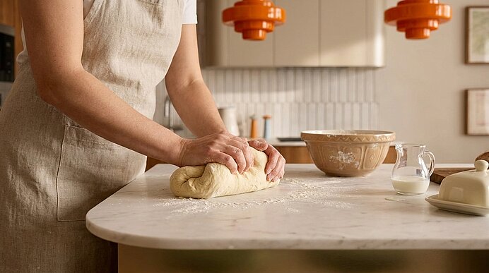 Hände einer Person in Schürze kneten Teig auf einer bemehlten Küchenarbeitsfläche; im Hintergrund Rührschüssel, Messbecher mit Milch und Butter.