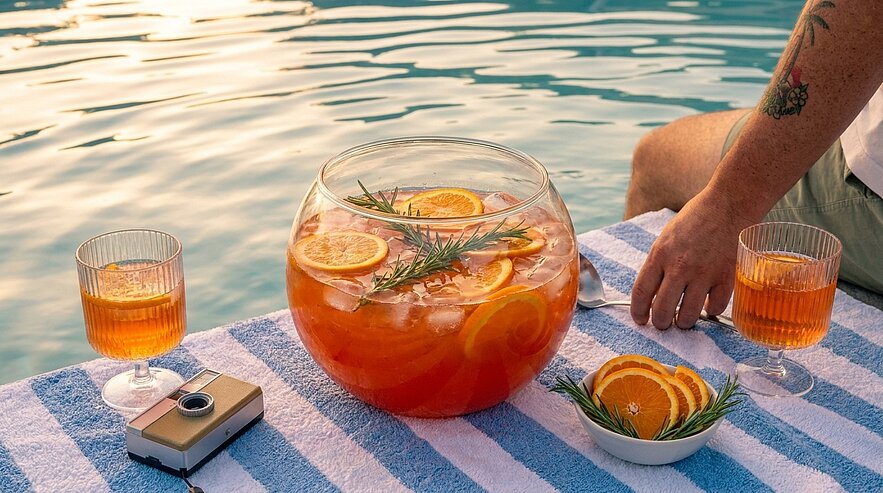 Große Glasbowle mit orangem Sommerpunsch, Eis, Orangenscheiben und Rosmarin, daneben zwei gefüllte Gläser auf einem gestreiften Badetuch am Poolrand.