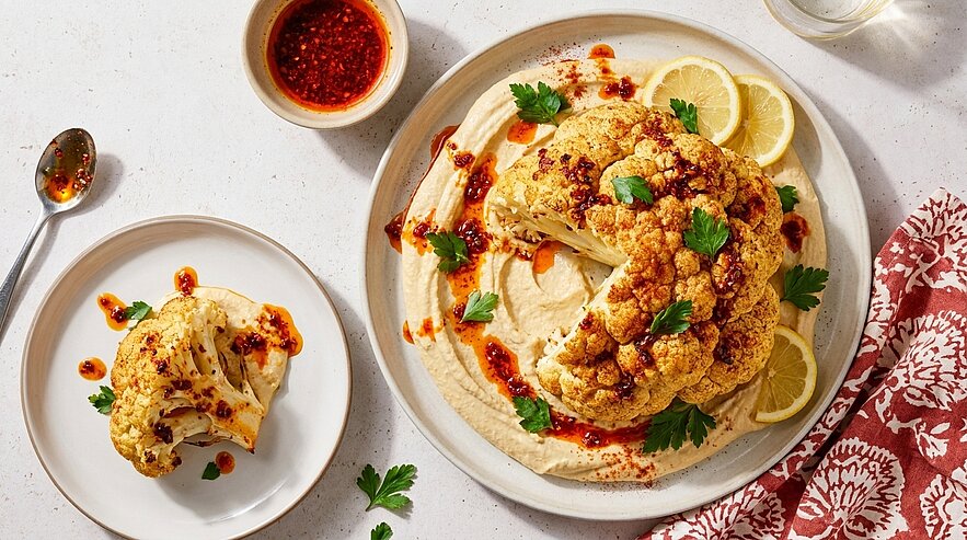 Ganzer gerösteter Blumenkohl auf Hummus, mit Chiliöl beträufelt, mit Zitronenscheiben und Petersilie garniert; daneben ein Teller mit einer Portion und ein Schälchen Chiliöl.