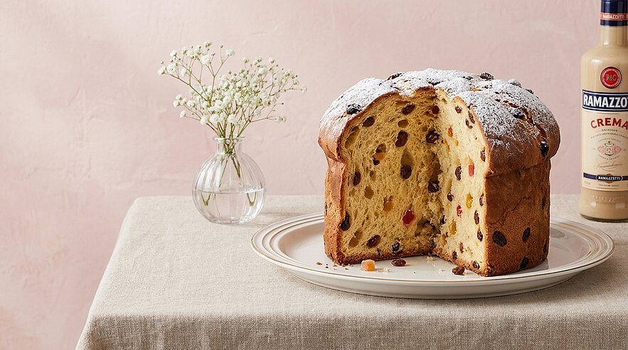 Ein aufgeschnittener Kuchen mit bunten Fruchtstückchen, bestäubt mit Puderzucker, steht auf einem Teller. Daneben befindet sich eine Flasche mit einer cremigen Getränkesorte und eine kleine Vase mit weißen Blumen. Der Hintergrund ist in einem zarten Rosaton gehalten.
