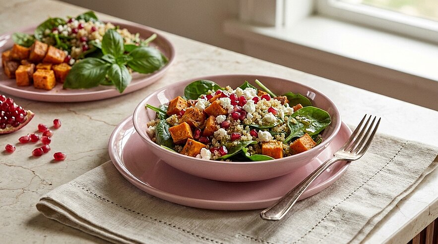 Zwei rosa Schalen mit frischem Spinatsalat, gebackenen Süßkartoffelwürfeln, Feta, Granatapfelkernen und Basilikum, serviert auf dem Tisch.