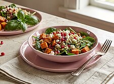 Image of Süsskartoffel-Spinat-Salat mit Quinoa und Granatapfel