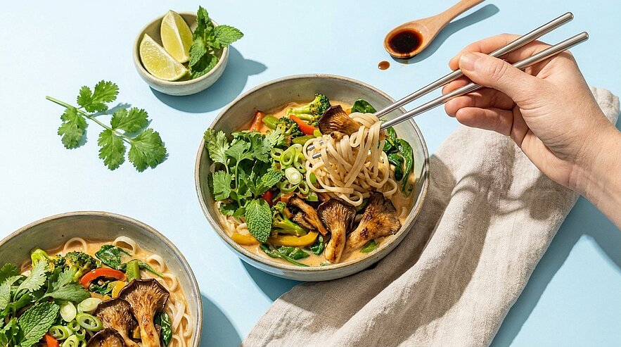 Zwei Schalen vegetarischer Nudelsuppe mit Pilzen, buntem Gemüse und frischen Kräutern; eine Hand hebt mit Essstäbchen Nudeln aus einer Schale.