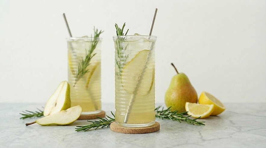 Zwei Gläser mit einem erfrischenden Getränk, das mit Eis, Apfelscheiben und Rosmarin garniert ist. Neben den Gläsern liegen frische Apfel- und Zitronenscheiben sowie eine ganze Birne auf einem hellen Tisch.