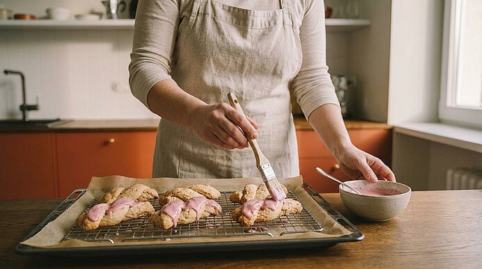 Person in Schürze bestreicht mit Pinsel frisch gebackenes Gebäck auf Abkühlgitter mit rosa Glasur neben einer Schüssel in einer heimischen Küche.