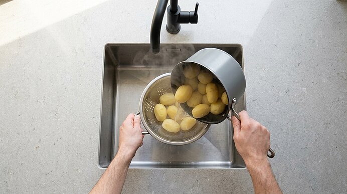 Hände schütten dampfende, geschälte gekochte Kartoffeln aus einem Topf in ein Sieb über der Küchenspüle.