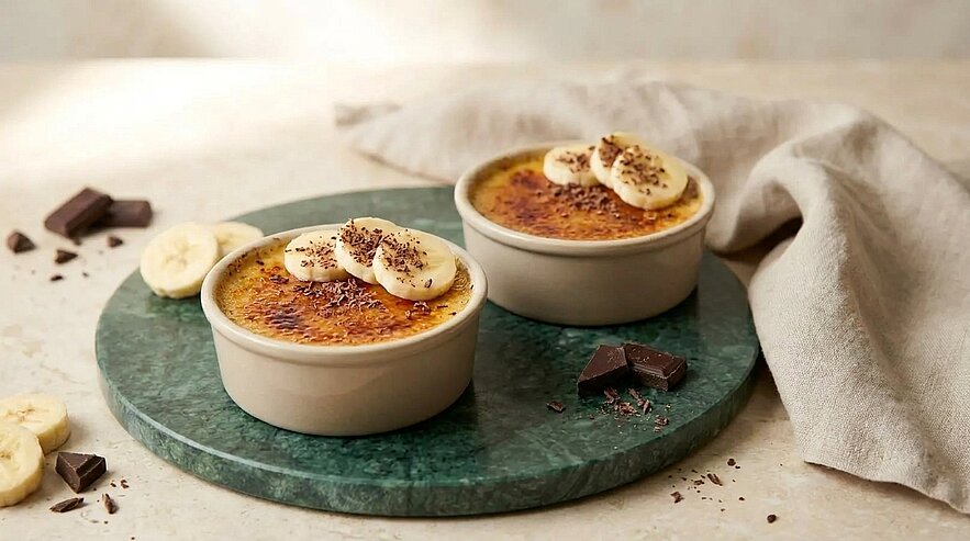 Zwei kleine Förmchen mit karamellisierter Crème brûlée, jeweils mit Bananenscheiben und Schokoraspeln garniert, auf einer runden grünen Marmorplatte.