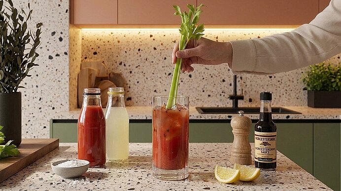 Hand rührt Bloody Mary mit Selleriestange in Glas auf Küchenarbeitsplatte; daneben Flaschen mit Tomatensaft und Zitronenlimonade, Worcestershiresauce, Salz, Pfeffer und Zitronenscheiben.