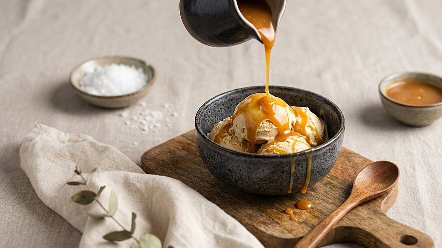 Eine Schüssel mit Eiscreme wird mit einer karamellisierten Sauce übergossen. Im Hintergrund sind kleine Schalen mit Salz und zusätzlicher Sauce zu sehen, auf einem Holzbrett liegt ein Löffel. Die Szene vermittelt eine gemütliche, appetitliche Atmosphäre.