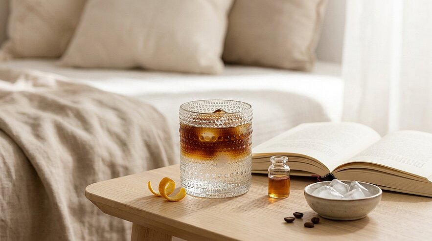 Geschichtetes Glas Eiskaffee auf einem Nachttisch neben einem geöffneten Buch, einem kleinen Fläschchen, einer Schale mit Creme und einigen Kaffeebohnen, in gemütlicher Schlafzimmer-Atmosphäre.