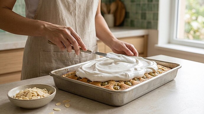 Person verteilt mit Spachtel weiße Creme auf einem rechteckigen Kuchen in einer Backform; Schüssel mit Mandelblättchen daneben.
