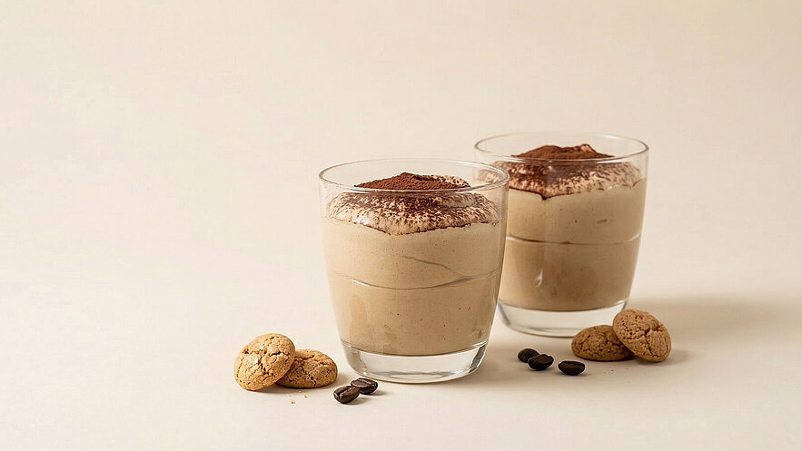 Zwei Gläser mit einer cremigen Kaffeetorte, oben mit Kakaopulver bestäubt. Daneben liegen einige Kekse und Kaffeebohnen. Der Hintergrund ist hell und schlicht, was die Desserts hervorhebt.