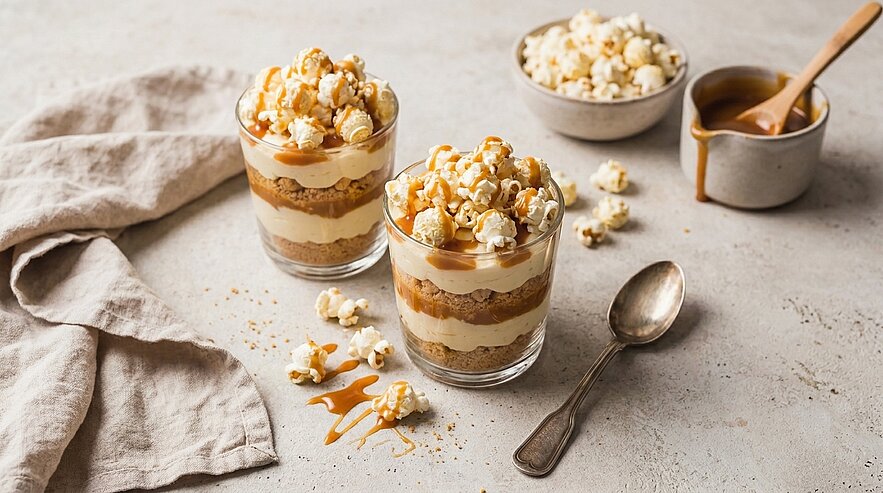 Zwei Glasdesserts mit Schichten aus Creme, Keksbröseln und Karamell, jeweils mit Karamellsauce und Popcorn als Topping.