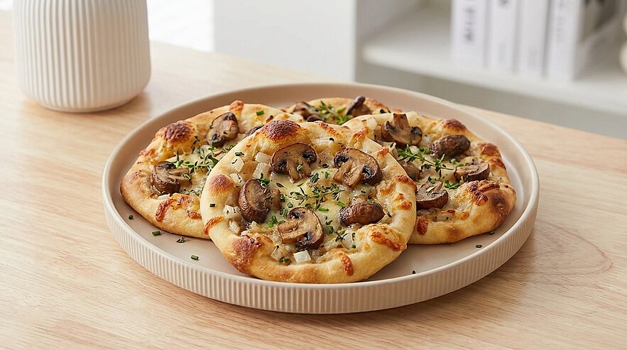 Drei kleine, goldbraun gebackene Pilzpizzen mit geschmolzenem Käse und frischen Kräutern auf einem runden Teller.