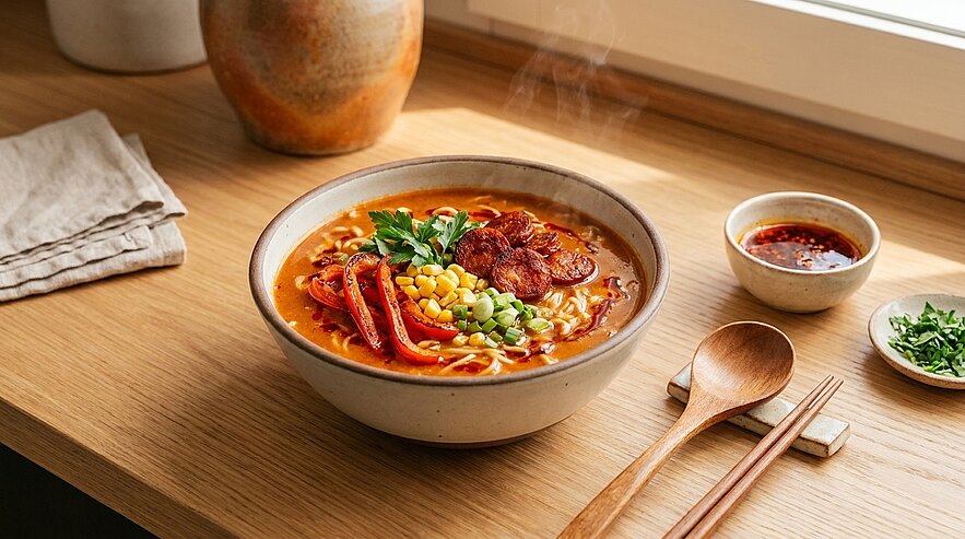 Eine appetitliche Schüssel Ramen-Nudeln mit einer würzigen Brühe, belegt mit gebratenem Fleisch, Mais und frischen Kräutern. Daneben befinden sich eine kleine Schüssel mit scharfer Sauce und gehackten Kräutern. Die Szene ist hell und einladend, auf einem Holzuntergrund platziert.