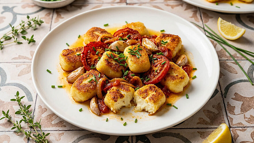 Ein Teller mit goldbraun gebratenen Gnocchi, garniert mit gebackenen Tomaten und Knoblauch. Frischer Schnittlauch und eine aromatische Tomatensauce runden das Gericht ab. Im Hintergrund sind einige Kräuter sichtbar.