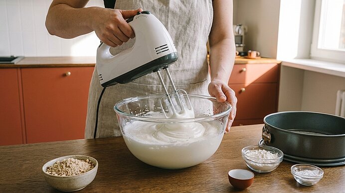 Person rührt mit elektrischem Handmixer eine weiße Mischung in einer großen Glasschüssel auf der Küchenarbeitsfläche; kleine Schälchen mit Zutaten und eine runde Backform stehen daneben.