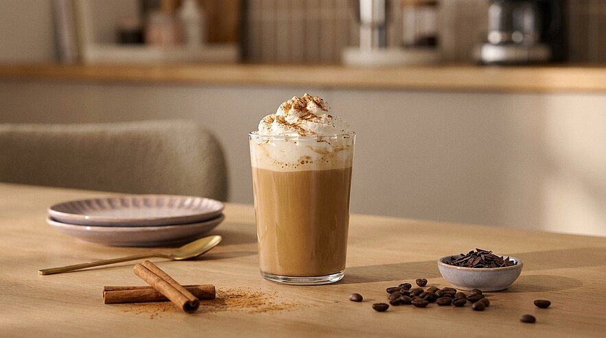 Ein Glas Kaffee mit Sahne und Zimt steht auf einem Holztisch. Daneben liegen Zimtstangen, Kaffeebohnen und ein Teller. Die Szene vermittelt eine gemütliche Atmosphäre.