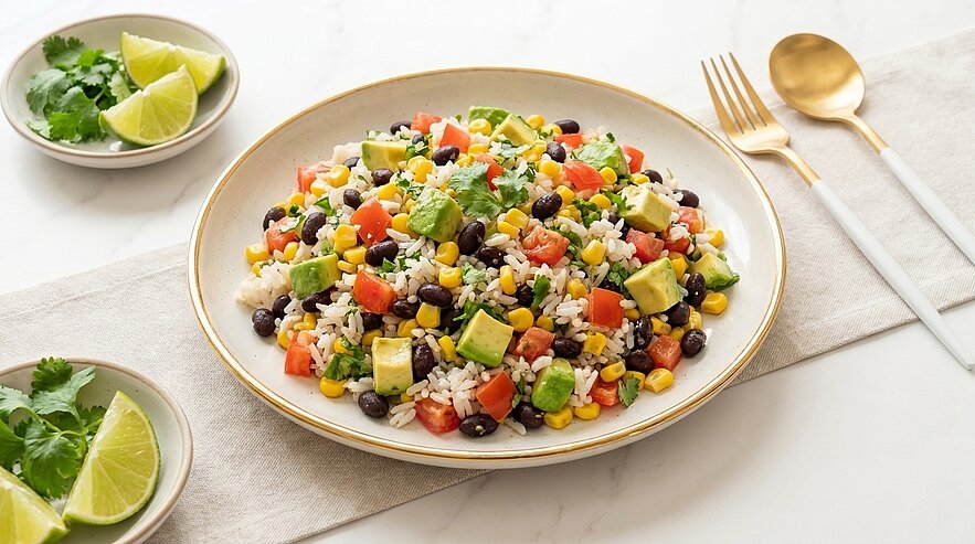 Bunter Reis-Bohnensalat auf Teller mit schwarzen Bohnen, Mais, gewürfelter Avocado, Tomaten und Koriander; Limettenstücke daneben.