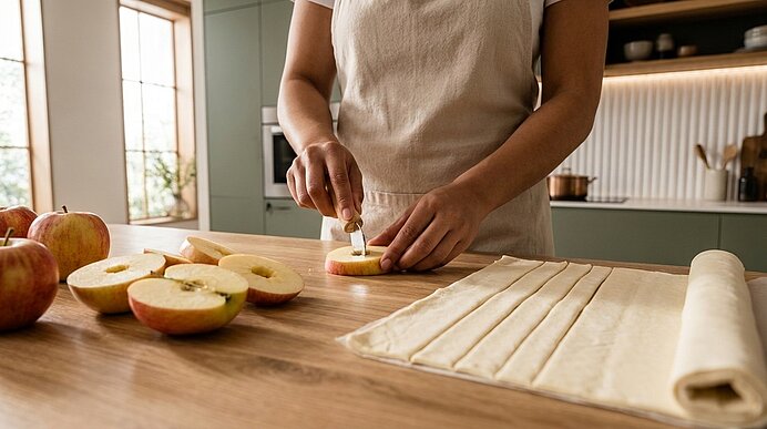 Person in Schürze schneidet halbe Äpfel auf einer Holzarbeitsfläche neben aufgerolltem, in Streifen geschnittenem Blätterteig – Vorbereitung für Apfeltaschen.