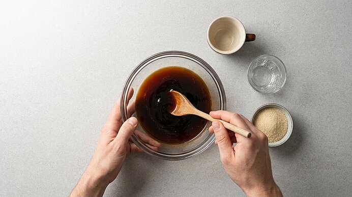 Zwei Hände verrühren Espresso, Amaretto und Zucker mit einem Holzlöffel in einer Glasschüssel auf hellgrauem Stein.