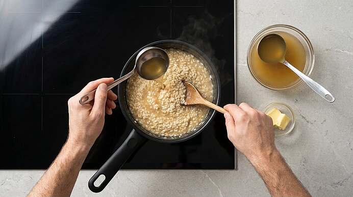 Zwei Hände gießen mit einer Kelle Bouillon in das Risotto im Stieltopf und rühren mit einem Holzlöffel.