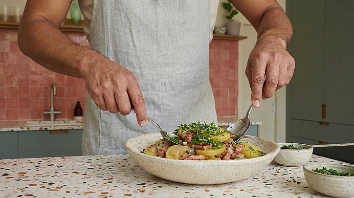Hände einer Person in Schürze mischen mit zwei Löffeln einen Salat aus Kartoffelscheiben, Speckwürfeln und frischen Kräutern in einer Schüssel.