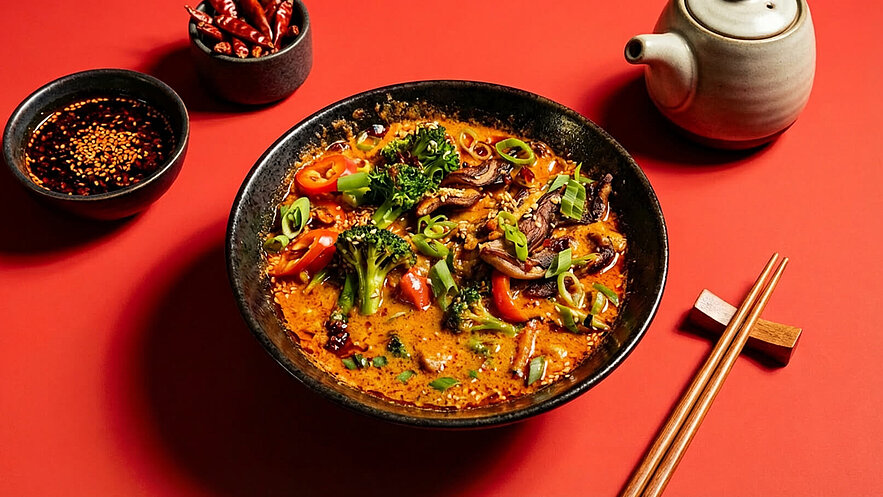 Ein schwarzer Schüssel voller würziger Suppe mit Gemüse wie Brokkoli und roter Paprika. Darüber sind Frühlingszwiebeln und Sesam gestreut. Im Hintergrund befinden sich eine Schale mit Saucen und ein Teekännchen. Die Szene ist auf einem roten Tisch angerichtet.