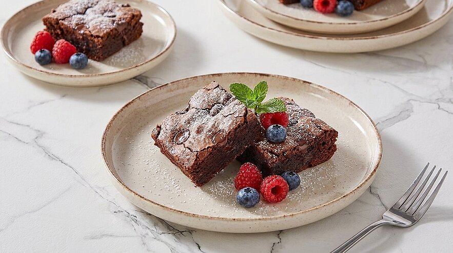 Ein Teller mit zwei Brownie-Stücken, bestäubt mit Puderzucker, liegt auf einem Marmortisch. Um die Brownies sind frische Himbeeren und Blaubeeren sowie ein Blatt Minze platziert. Ein weiteres ähnliches Dessert ist im Hintergrund sichtbar.