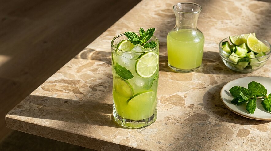 Glas mit eisgekühltem Limetten‑Minz‑Getränk, gefüllt mit Eis, Limettenscheiben und Minzblättern; daneben Karaffe mit grünem Saft, Schüssel mit Limettenstücken und Teller mit frischer Minze auf einer Marmorplatte.
