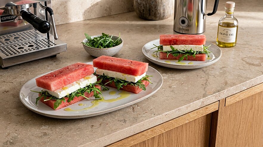 Vier Sandwiches aus dicken Wassermelonenscheiben, gefüllt mit Feta und Rucola, mit Olivenöl beträufelt, auf zwei Tellern auf einer Küchenarbeitsplatte.