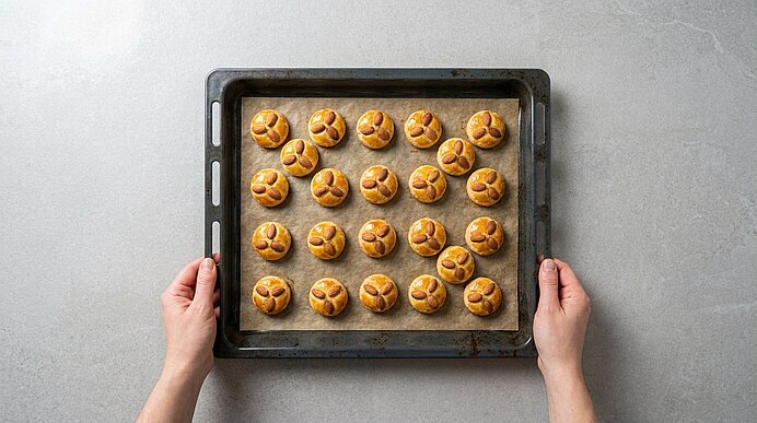 Zwei Hände halten ein Backblech mit 24 goldbraunen, runden Brötchen mit dreiteiligen Einschnitten, gleichmäßig in Reihen angeordnet.