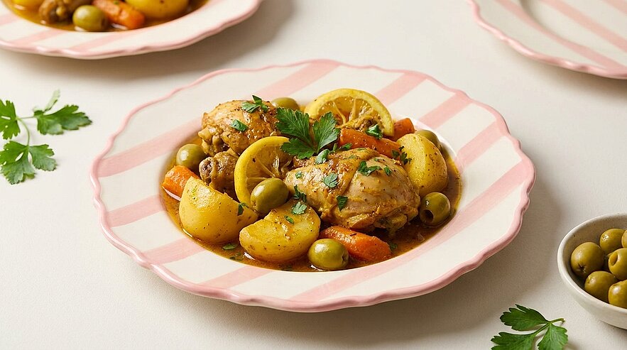 Ein geschmackvolles Gericht auf einem gestreiften Teller: Hähnchenkeulen mit Zitrone, Kartoffeln, Karotten und grünen Oliven, garniert mit frischer Petersilie. Die Aromen vereinen sich harmonisch in einer appetitlichen Präsentation.