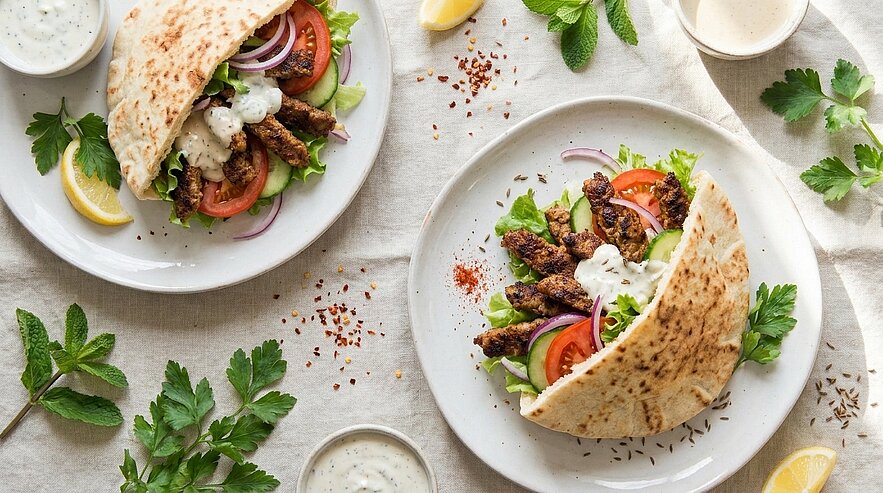 Zwei Teller mit gefülltem Fladenbrot, das mit Fleischstücken, frischem Gemüse wie Tomaten und Salat sowie Zwiebeln belegt ist. Zusätzlich sind Saucen in kleinen Schalen und Zitronenscheiben vorhanden. Das Gericht wird von frischen Kräutern umgeben.