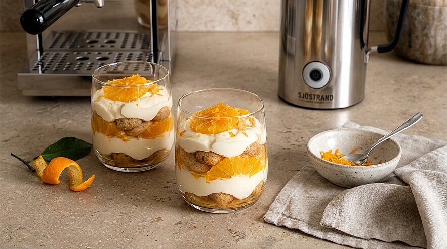 Zwei Dessertgläser mit geschichteter Creme, Keksstücken und frischen Orangenscheiben, oben mit Orangenzesten garniert.