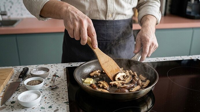 Hände einer Person rühren mit Holzspatel Champignons in einer Pfanne, Butter schmilzt und Dampf steigt auf.