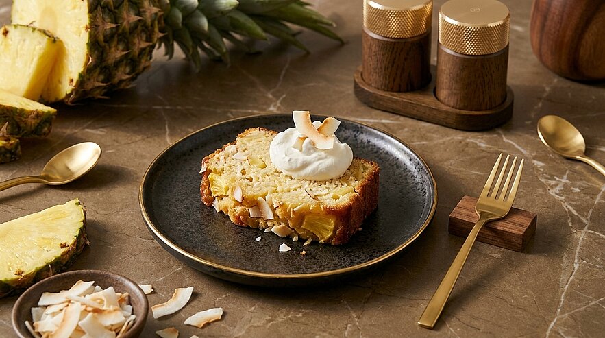 Ein Stück Ananas-Kuchen auf einem schwarzen Teller, garniert mit Schlagsahne und kokosnussflocken. Neben dem Teller liegen Kokosraspel und Besteck aus Gold. Im Hintergrund befindet sich eine Ananas und Gewürzbehälter.